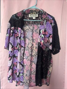 Authentic Y2K style, Hype Black Lace Floral Sheer Top with Pink & Purple Blooms